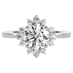 GIA Certified 1.51 Carat Round Halo Flower Cluster 18K White Gold Diamond Ring