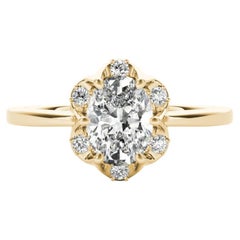 GIA Certified 1.5 Carat Oval Raindrop Tulip 18K Yellow Gold Diamond Ring