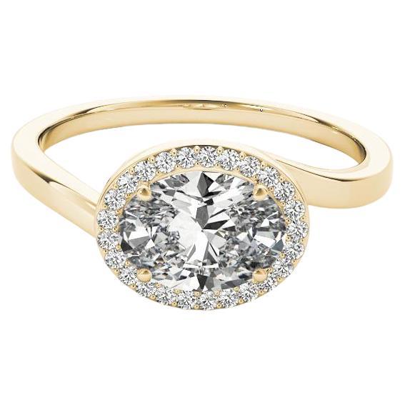 GIA 1.7 Carat East-West Oval Halo Curved Bypass 18K Yellow Gold Diamond Ring