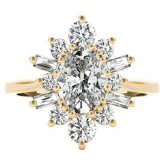 GIA 1.3ct Oval Icy Snowflake Flower Cluster 18K Yellow Gold Diamond Ring