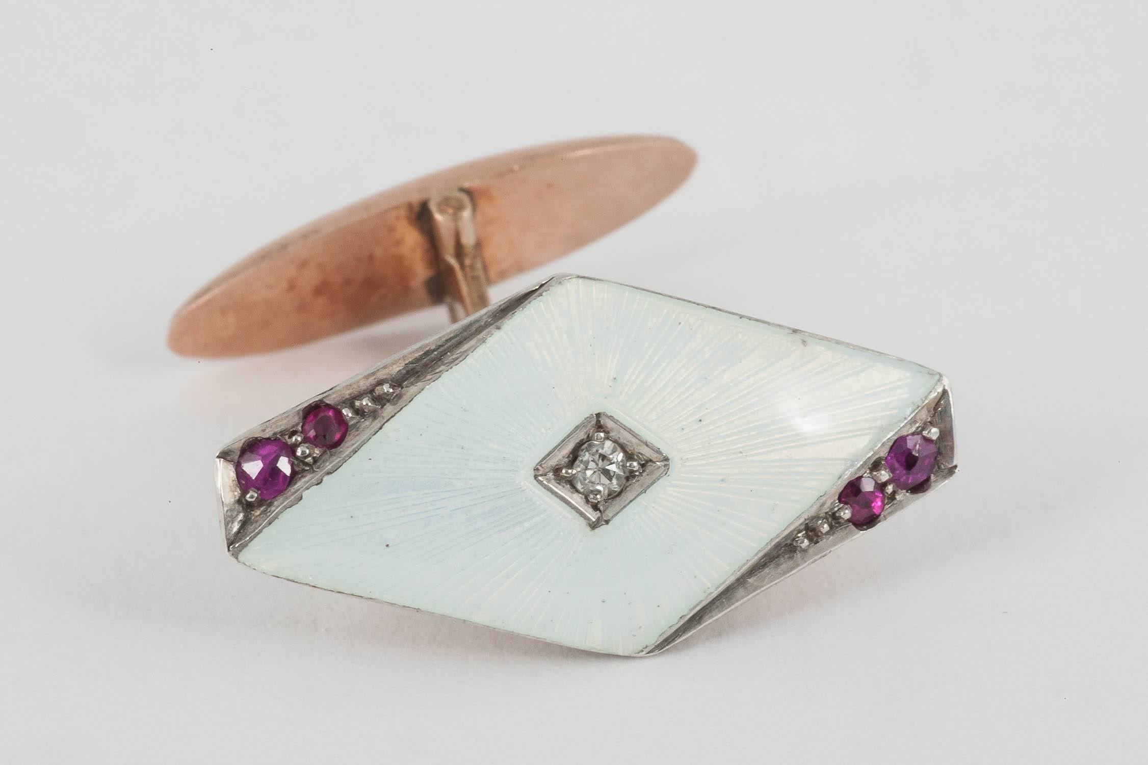 Women's or Men's Russian Enamel Diamond Ruby Gold Cuff-Links, circa 1900 For Sale