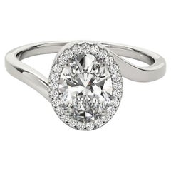 GIA Certified 1 Carat Oval Halo Curved Bypass 18K White Gold Diamond Ring