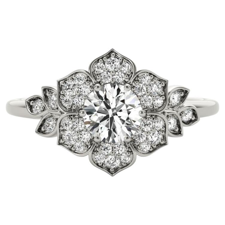 GIA 1.01ct Round Daisy Leaf Flower Bloom Pave 18K White Gold Diamond Ring