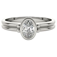 GIA Certified 0.9 Carat Oval Bezel Solitaire Double Band Platinum Diamond Ring