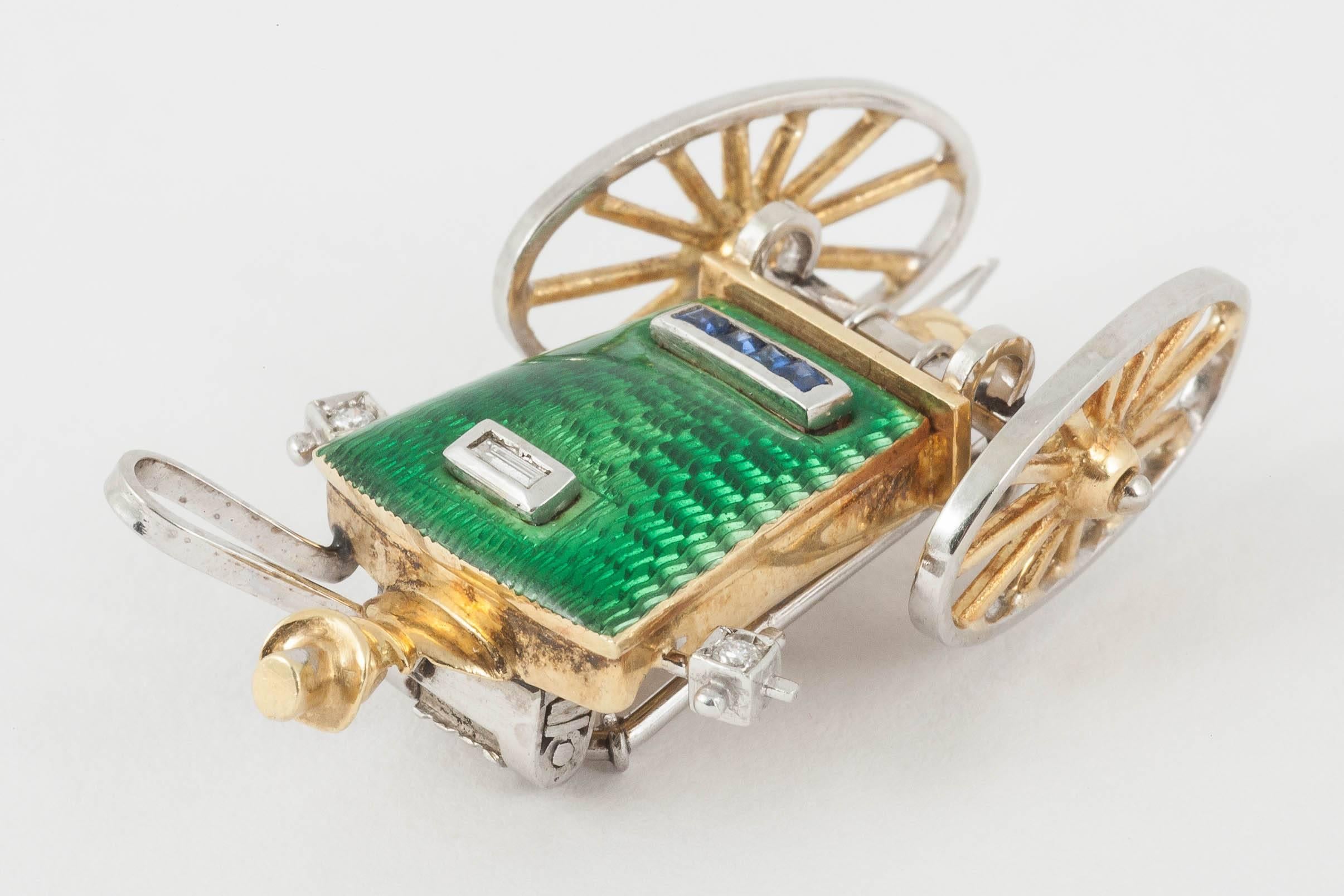 Enamel Sapphire Diamond Gold Coaching Carriage Clip Brooch, circa 1950 5