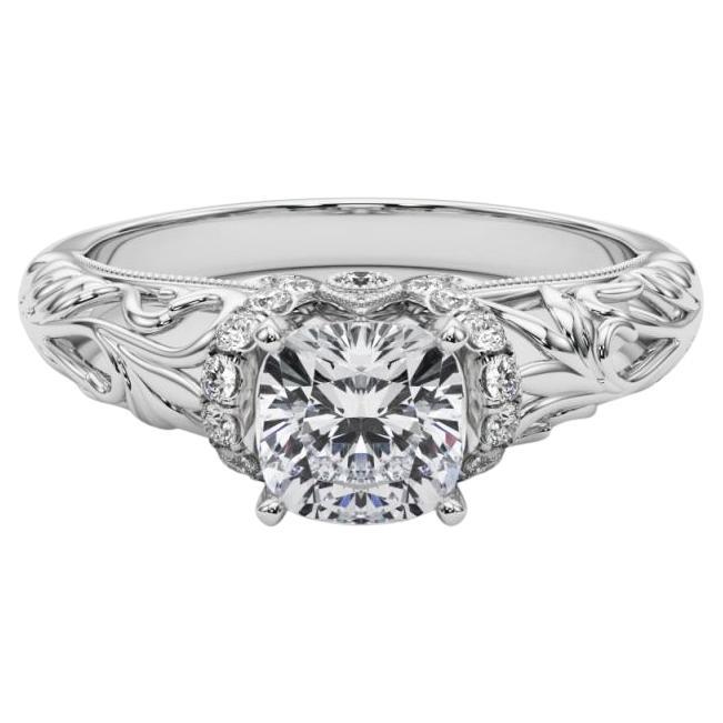 GIA 0.81ct Cushion Chevron Halo Floral Filigree Diamond Ring