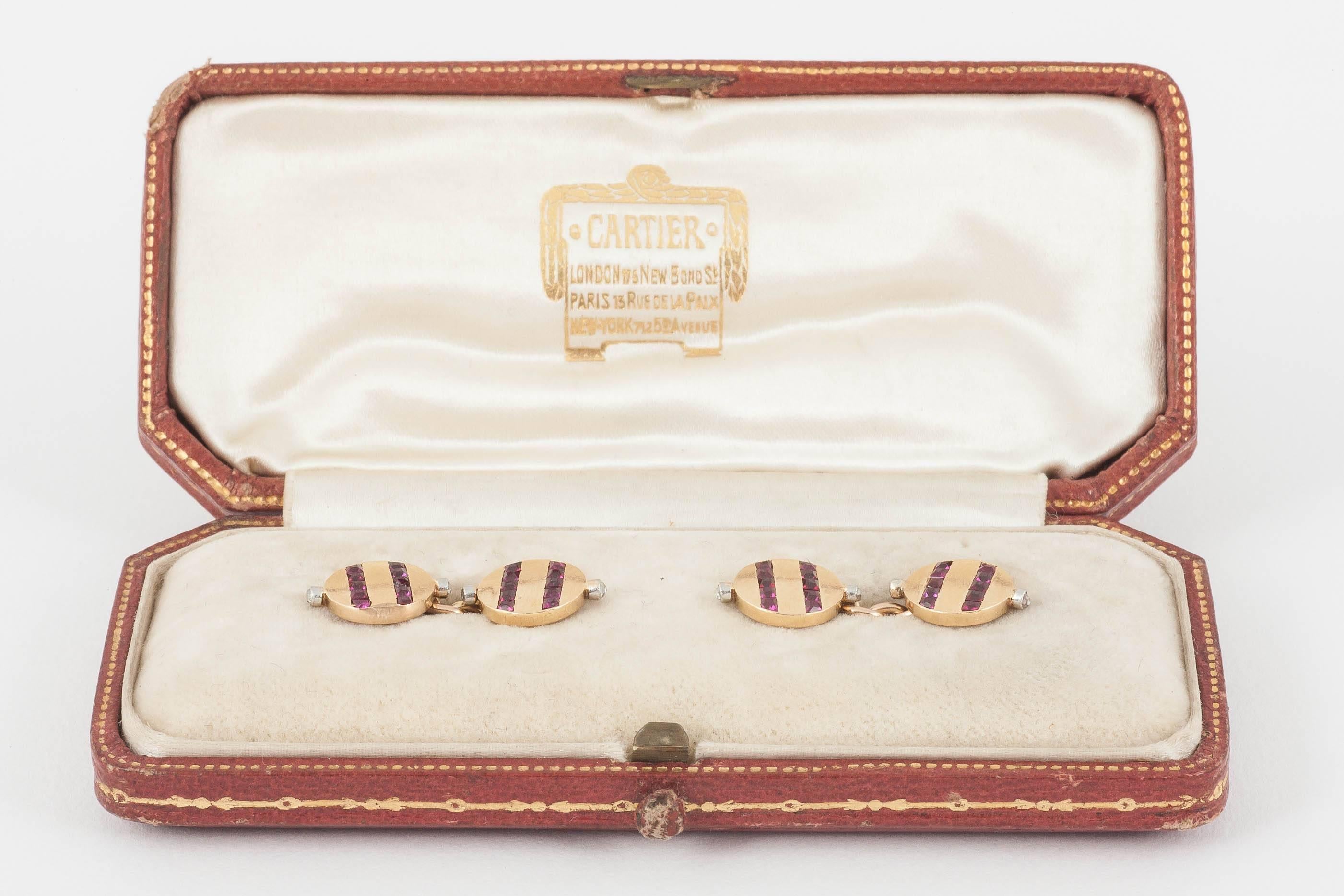 Women's or Men's  Cartier of Paris, Ruby and  Diamond  Gold Cufflinks, original case, c, 1920