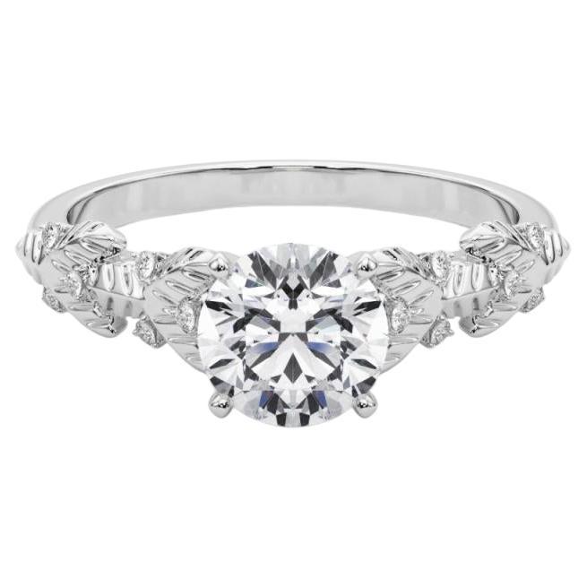 GIA Certified 0.9 Carat Round Garden Leaf Cluster 18K White Gold Diamond Ring