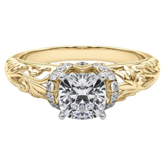 GIA 1.01ct Cushion Chevron Halo Floral Filigree 18K Yellow Gold Diamond Ring