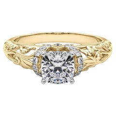 GIA 1.01ct Cushion Chevron Halo Floral Filigree 18K Yellow Gold Diamond Ring
