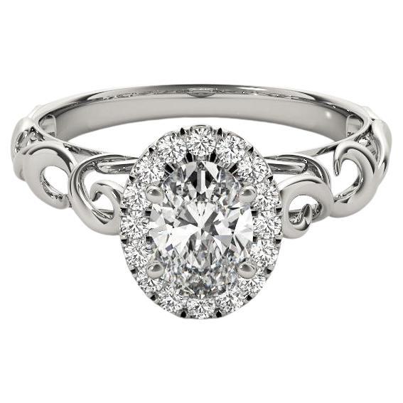 GIA Certified 0.82 Carat Oval Halo Ribbon Cathedral Diamond Ring