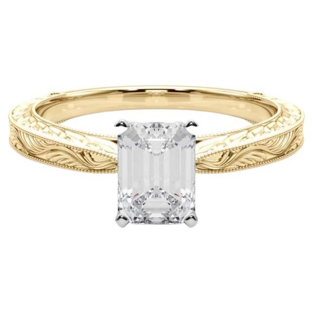 GIA 1.7ct Emerald Classic Solitaire Antique Engraved Yellow Gold Diamond Ring