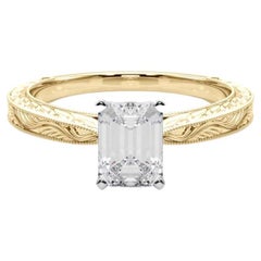 GIA 1.7ct Emerald Classic Solitaire Antique Engraved Yellow Gold Diamond Ring