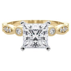 GIA 1.5ct Princesa Marquesa y Redondo Bisel Milgrain Anillo de Diamantes de Oro Amarillo