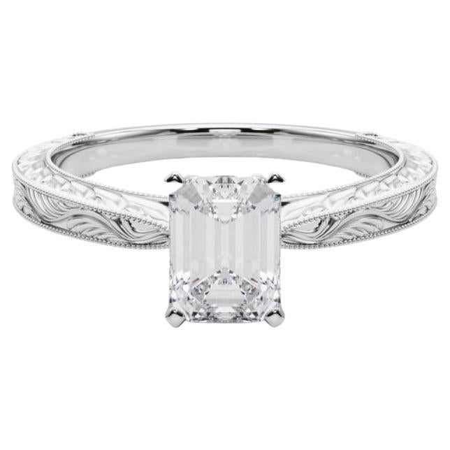GIA 2.02ct Emerald Classic Solitaire Antique Engraved Diamond Ring