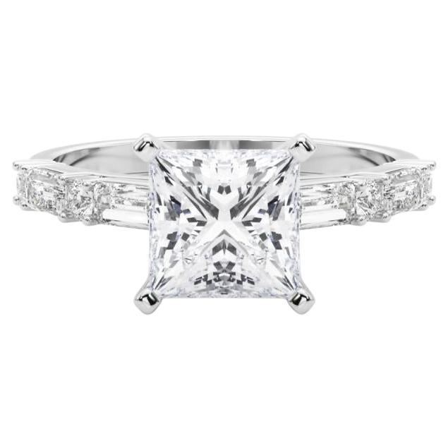 GIA 1,51ct Principessa rotonda e Baguette Anello con diamante a canale in oro bianco 18K