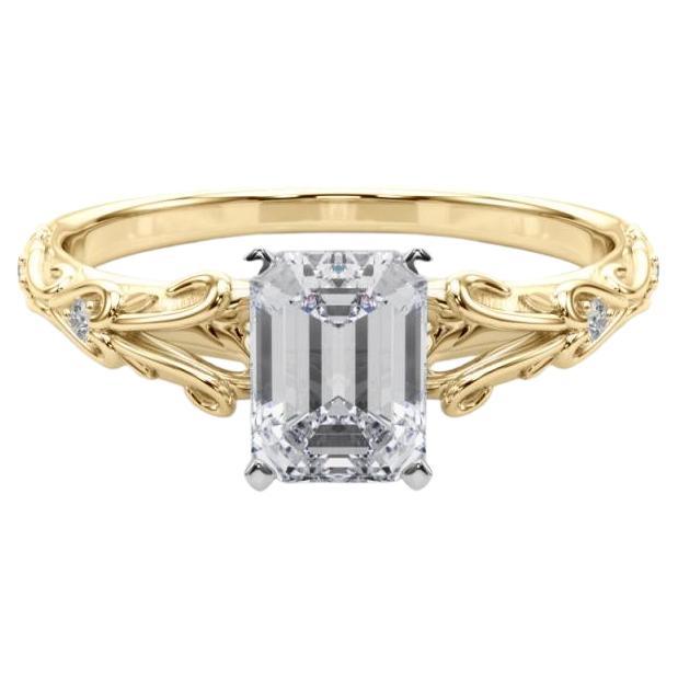 GIA 1.71ct Emerald Vintage 3-Stone Heart 
Vine 18K Yellow Gold Diamond Ring