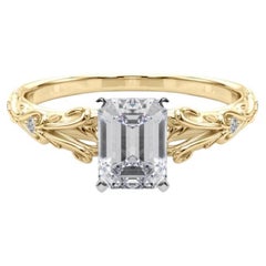 GIA 1.71ct Emerald Vintage 3-Stone Heart 
Vine 18K Yellow Gold Diamond Ring