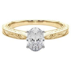 GIA Anello con diamante ovale classico solitario antico inciso in oro giallo da 1.8 carati