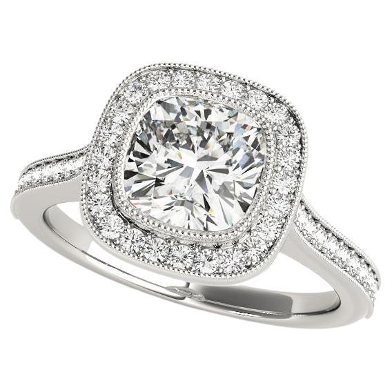 Bague en platine avec diamant certifié GIA 1.31 carat Halo Cushion Cathedral Milgrain