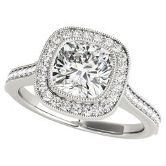 Bague en platine avec diamant certifié GIA 1.31 carat Halo Cushion Cathedral Milgrain
