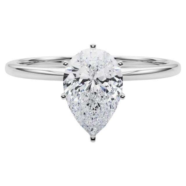 GIA 1.5ct Pear Slim Band Prong Set Solitaire 18K White Gold Diamond Ring