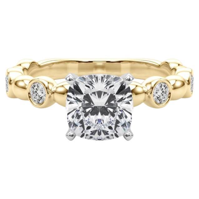 GIA 2.5ct Cushion Side Stone Bezel Band Solitaire Yellow Gold Diamond Ring