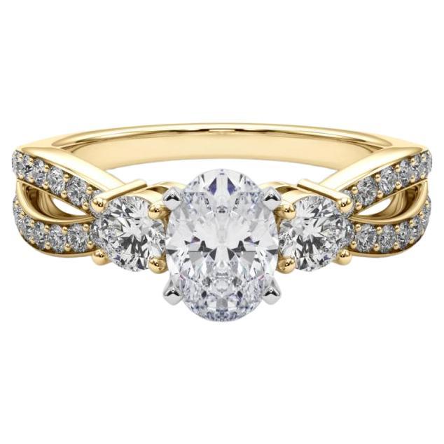 GIA 1.51ct Oval Three-Stone Split Shank Pave 18K Yellow Gold Diamond Ring (bague à trois pierres ovales pavées en or jaune 18K)