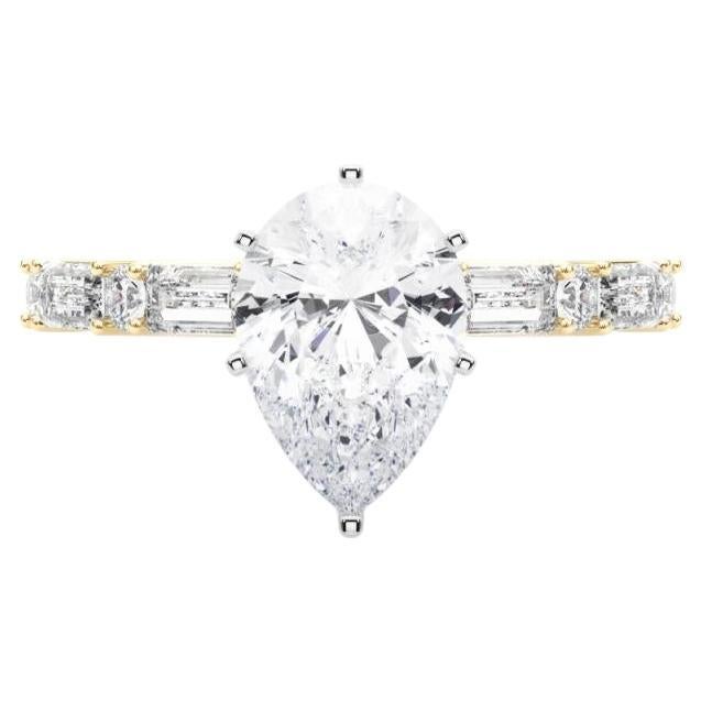 GIA 1.01ct Pear Round 
Baguette Channel Band Bague diamant en or jaune 18K