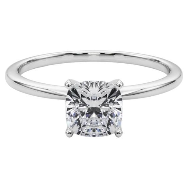 GIA 1.18ct Cushion Slim Band Prong Set Solitaire 18K White Gold Diamond Ring For Sale