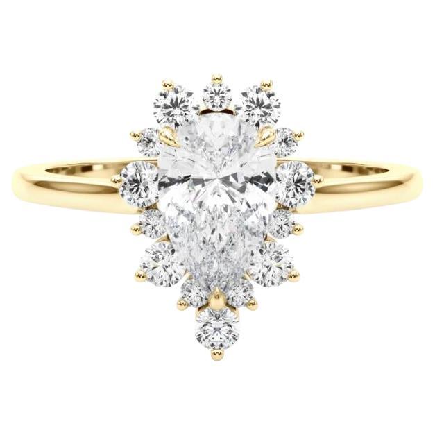 GIA Certified 0.96 Carat Pear Halo Cluster 18K Yellow Gold Diamond Ring