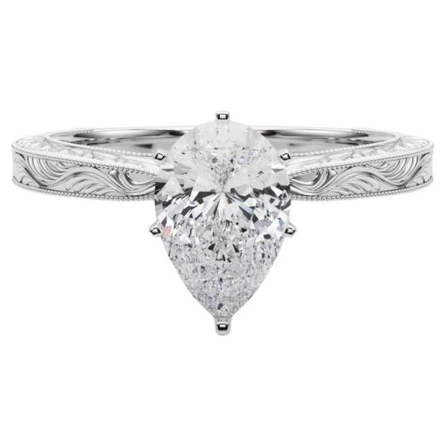 GIA 1.2ct Pear Classic Solitaire Antique Engraved Diamond Ring