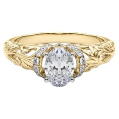 GIA Anillo de diamantes de oro amarillo de 18 quilates con halo floral Chevron oval de 2,3 quilates