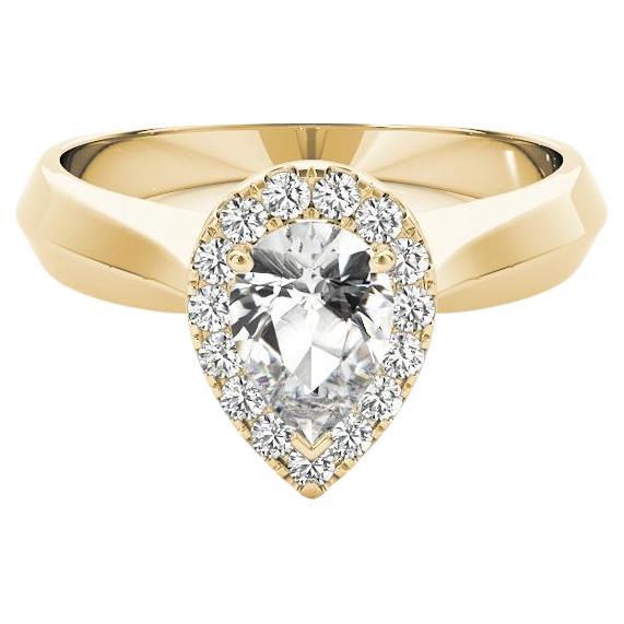 GIA Certified 1.22 Carat Knife Edge Band Pear Halo 18K Yellow Gold Diamond Ring