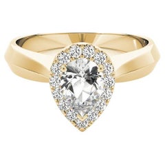 GIA Certified 1.22 Carat Knife Edge Band Pear Halo 18K Yellow Gold Diamond Ring