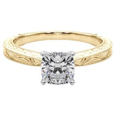 GIA 2.7ct Cushion Classic Solitaire Antique Engraved Yellow Gold Diamond Ring