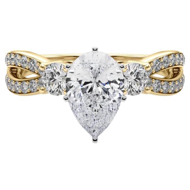 GIA 0.9ct Pear Three-Stone Split Shank Pave 18K Yellow Gold Diamond Ring (bague en or jaune avec diamants)