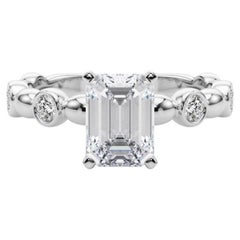GIA 0.8ct Emerald Side Stone Bezel Band Solitaire White Gold Diamond Ring