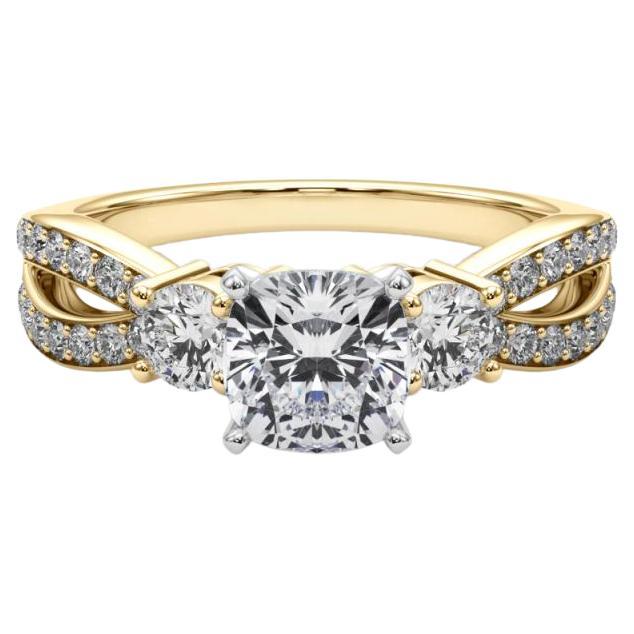 GIA 1.01ct Cushion Three-Stone Split Shank Pave 18K Yellow Gold Diamond Ring