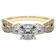 GIA 1.01ct Cushion Three-Stone Split Shank Pave 18K Yellow Gold Diamond Ring
