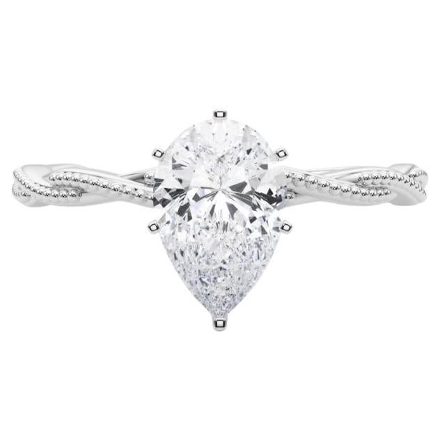 Anillo de diamantes en platino con banda trenzada en forma de pera de 2,01 quilates con certificado GIA