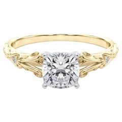 GIA 0.91ct Cushion Vintage 3-Stone Heart 
Vine 18K Yellow Gold Diamond Ring