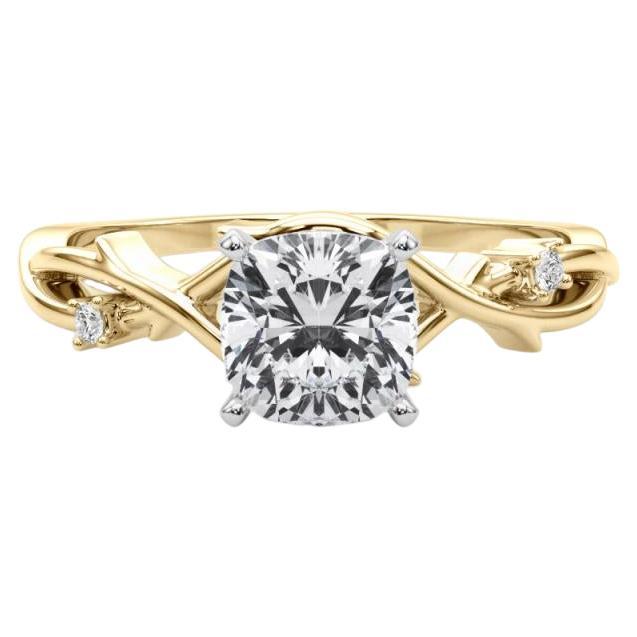 GIA 2.01 Carat Cushion Vine Band Nature Inspired 18K Yellow Gold Diamond Ring