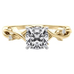 GIA 2.01 Carat Cushion Vine Band Nature Inspired 18K Yellow Gold Diamond Ring