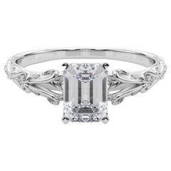 GIA 1.71ct Emerald Vintage 3-Stone Heart & Vine 18K White Gold Diamond Ring