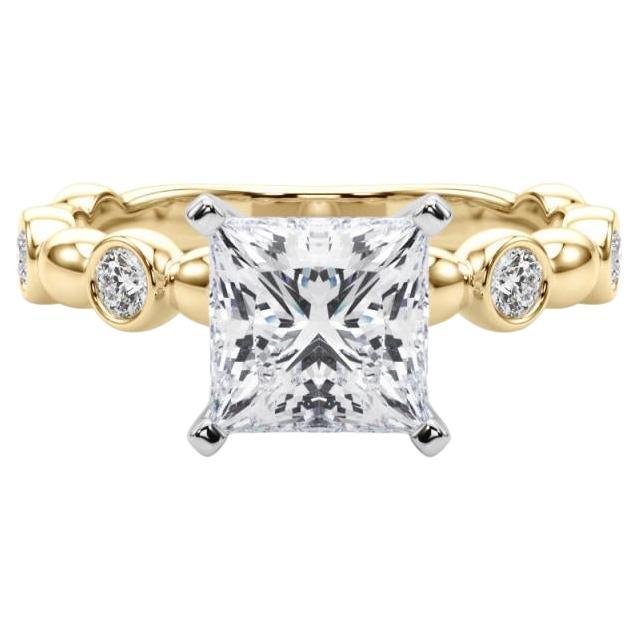 GIA 1.51ct Princess Side Stone Bezel Band Solitaire Yellow Gold Diamond Ring