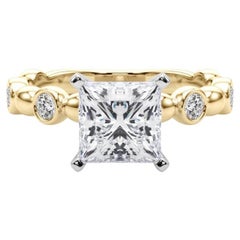 GIA 1.51ct Princess Side Stone Bezel Band Solitaire Yellow Gold Diamond Ring