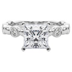 GIA 2.01ct Princess Side Stone Bezel Band Solitaire White Gold Diamond Ring