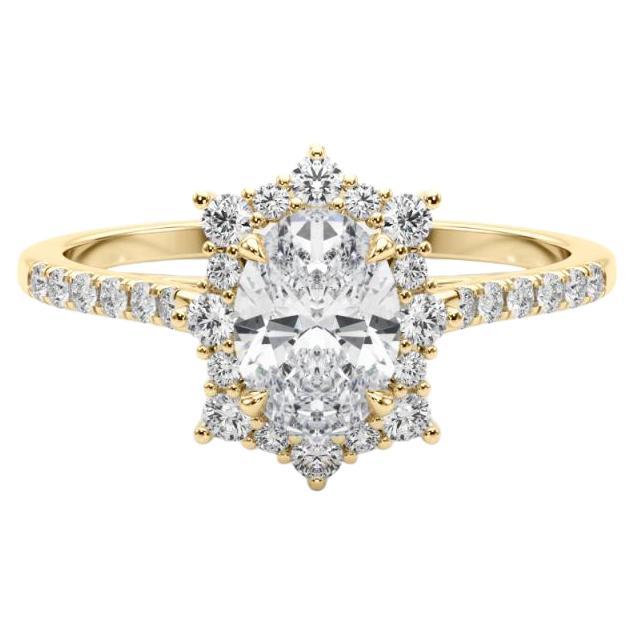 GIA 1ct Oval Vintage Cathedral Snowflake Halo Yellow Gold Diamond Ring For Sale