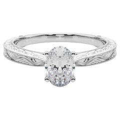 GIA 1.32ct Anillo de Diamantes Clásico Ovalado Solitario Grabado Antiguo de Oro Blanco